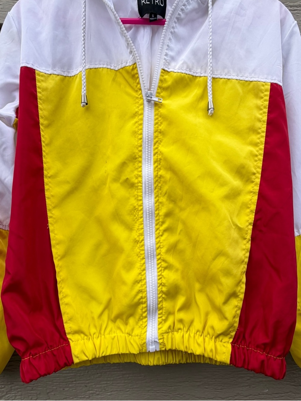 Urban Retro Colorblock Windbreaker Yellow Red White Women Small Zip Jacket Hood - Picture 6 of 9